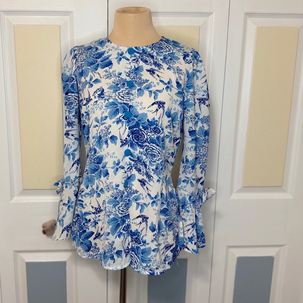 Handmade Unique Blue White Floral Toile Bird Print Bell Sleeve Bow Blouse M